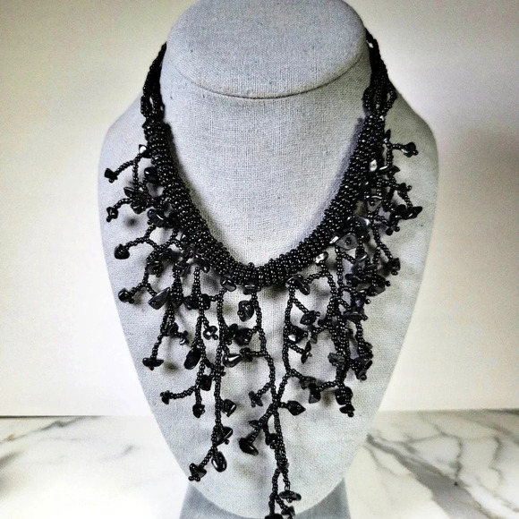 Black Glass Fringe Necklace Choker Goth Grandma Spooky Coral Dark Fairy … - Picture 1 of 10